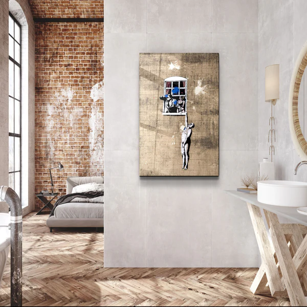 "Banksy - Man hanging from a window"ć»Glass Wall Art - Image 4