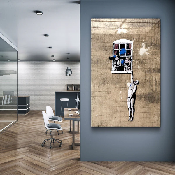 "Banksy - Man hanging from a window"ć»Glass Wall Art - Image 2