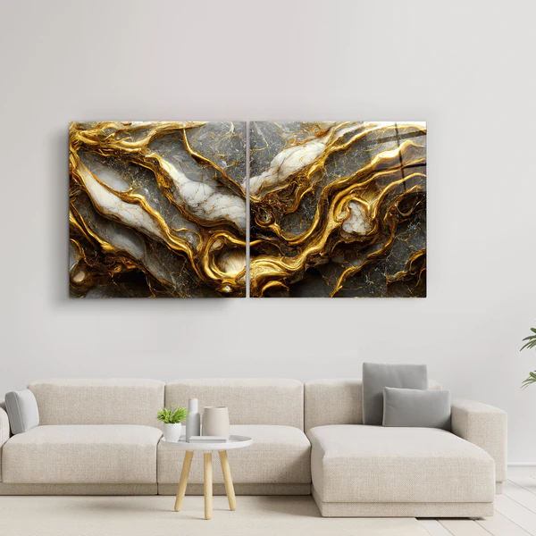 ・"Golden Roots in the Marble - Duo"・Glass Wall Art - Image 2